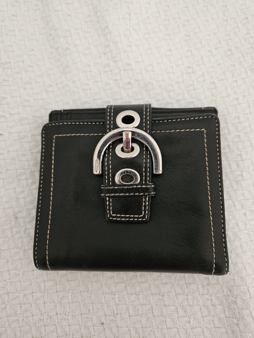 Coach Soho Black Leather Snap Wallet with Silver Buckle Hardware